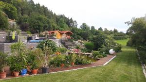 HirschbachAll Senses Ferienwohnung的庭院里种满鲜花和植物的花园