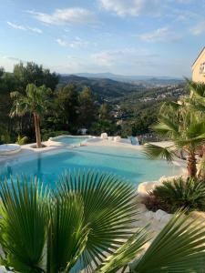 Torrelles de Llobregat佩蒂特米拉多酒店的一座棕榈树泳池,享有美景
