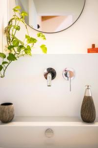 特罗佩阿HibiscusUno Tropea Residence的浴室水槽,配有镜子和植物