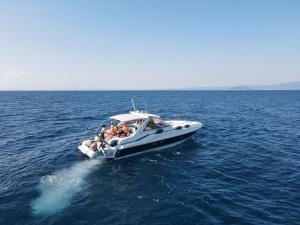 米克诺斯城White Eagle Cruises Mykonos的一群人坐在船上