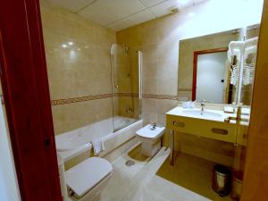桑亨霍加莱克酒店的浴室配有盥洗盆、卫生间和浴缸。