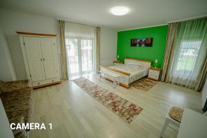 瓦马Pensiunea ARC Bucovina的一间卧室设有绿色的墙壁和一张床