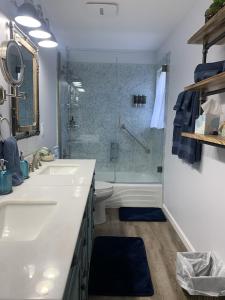 弗拉格斯塔夫303 BnB Inn Flagstaff的带淋浴、盥洗盆和卫生间的浴室