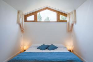 CollazzoneMiataland的窗户间内的一张带蓝色枕头的床
