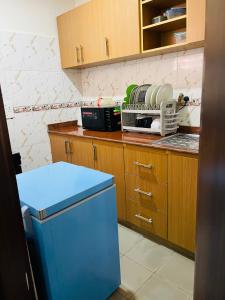 阿布贾OD-V!CK'S TOPVIEW, WUSE DISTRICT, Stable Power, Tight Security的厨房配有蓝色冰箱和木制橱柜。
