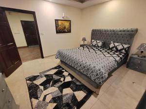 伊斯兰堡Family Friendly & Peaceful 3 Bed APT, Free Wifi的一间卧室配有一张床和地毯