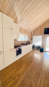 阿尼克什奇艾Chill House的一间铺有木地板的大厨房,配有白色的橱柜