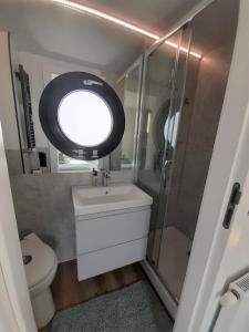 石勒苏益格Hausboot Aava的一间带卫生间、水槽和窗户的浴室