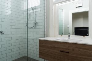 但尼丁Luxury Apartment on Stuart的浴室配有盥洗盆和带镜子的淋浴
