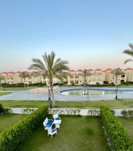 阿莱曼Stella Heights villa - next to Marassi - North coast的一个带游泳池、两把椅子和棕榈树的度假村
