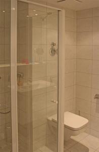 巴贝Haus Meeresblick - Ferienwohnung Wellenreiter A 1.13 (Ref. 134029)的一间带卫生间和玻璃淋浴间的浴室