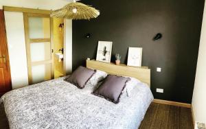 蒙特利马尔Maison dans la Drôme的一间卧室设有一张床和黑色的墙壁