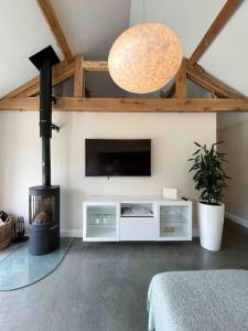 Lodge Barn Annexe的客厅设有壁炉和平面电视。