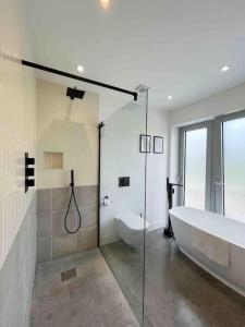 Lodge Barn Annexe的带淋浴、浴缸和卫生间的浴室