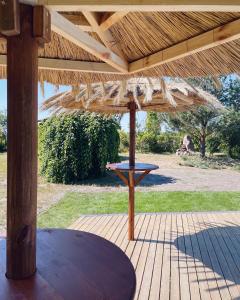 奥斯特罗沃Ostrovia - pokoje nad morzem的天井上木伞下的野餐桌