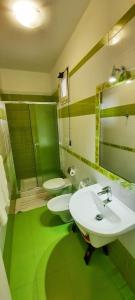 维耶斯泰梅里谷别墅公寓的绿色浴室设有两个水槽和镜子