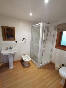 劳斯Fern Lodge的带淋浴、卫生间和盥洗盆的浴室