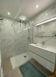 博尔马斯·莱斯·米默萨斯Superbe T4 -Vue Mer- Tout Confort Refait à Neuf!的白色的浴室设有水槽和淋浴。