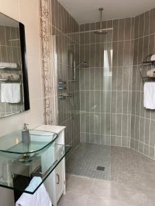 莫纳汉Corness House B&B的一间带玻璃水槽和淋浴的浴室
