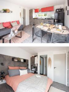 圣吕奈尔拉图埃斯宿营地酒店的一间卧室、一间带床的客厅和一间厨房