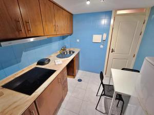 波尔图AlfandegaPorto Apartments的厨房设有水槽和蓝色的墙壁