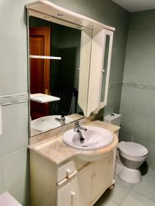 蒙福特·德·莱蒙斯Vivenda da Avoa的一间带水槽、卫生间和镜子的浴室