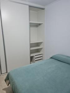 孙查莱斯Del Sur Alquiler temporario的一间卧室设有一张绿色的床和一个架子