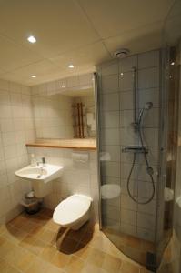 EdHotell Dalsland的带淋浴、卫生间和盥洗盆的浴室