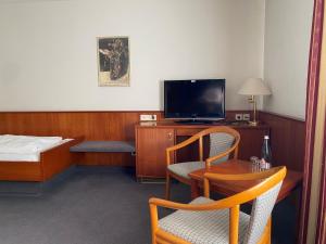 弗莱堡茵维特洛文弗赖堡酒店的酒店客房带一张床、一台电视和一把椅子