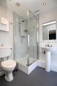 阿博波恩轮船旅馆的带淋浴、卫生间和盥洗盆的浴室