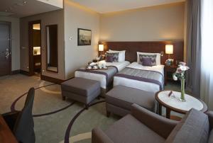 伊斯坦布尔伊斯坦布尔奥利亚帕尔克皇冠假日酒店的酒店客房,设有两张床和一张沙发