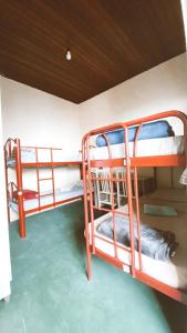 圣若泽杜斯坎普斯Hostel Dona Lucia的蓝色水房中的两张双层床