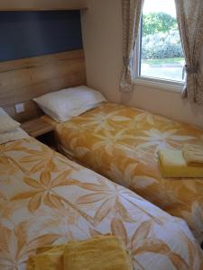 Lytchett MinsterChalet, Balcony, BBQ, sleeps 6, (new 2022)的两张睡床彼此相邻,位于一个房间里