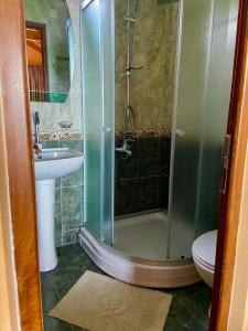 Kvariat'iCottages at Villa Del Mar Kvariati的带淋浴、盥洗盆和卫生间的浴室