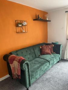泰恩河畔纽卡斯尔Elite 47 Stays的客厅里绿沙发,带有橙色的墙壁