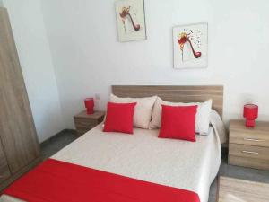 阿格特Apartamentos Harizan的一间卧室配有一张带红色枕头的大床
