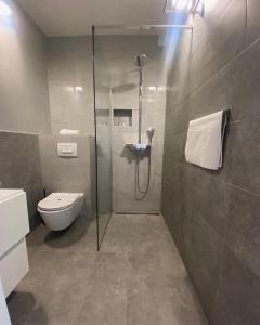 韦伯斯卡Mediteran Hvar - Modern Rooms and Restaurant, B&B的一间带玻璃淋浴和卫生间的浴室