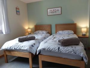 佩伦波斯Two bedroom cottage - country lane -10 min walk to Perranporth beach的卧室设有两张单人床和两盏灯。