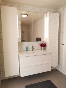 特罗姆瑟The House of Aurora II的白色的浴室设有水槽和镜子