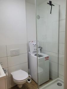 雷根斯堡Schöne, gemütliche möblierte 2 Zi Wohnung in RGB的白色的浴室设有卫生间和淋浴。