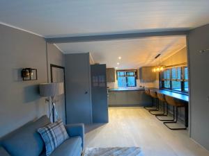 贝塞斯达L19 - Penrhyn Spa Lodge with Hot Tub的一间带蓝色沙发的客厅和一间厨房