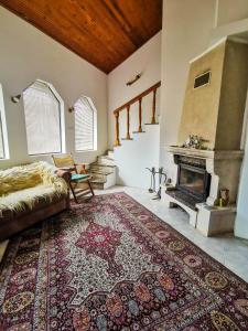 沙布拉Къща за гости,,Вила Росица,,的客厅设有壁炉和地毯。