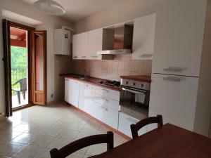 阿塞尔吉Il Narciso appartamenti的厨房配有白色橱柜和木桌