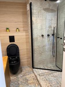 凯撒利亚lasuita-exclusive suites ceserea-luxury suite的带淋浴和黑色卫生间的浴室