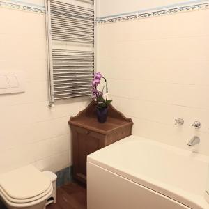 安达洛Il nido incantato的浴室设有卫生间,橱柜上放着鲜花