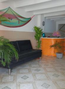 圣玛尔塔Rivera Hostel的客厅里一张黑色的沙发,上面有盆栽植物