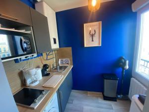 洛里昂Studio Confort Lorient Nouvelle Gare Hypercentre的厨房设有蓝色的墙壁和水槽