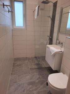新锡德勒湖畔普巴赫Ferienwohnungen Winzergasse的一间带卫生间和水槽的浴室