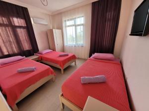 费特希耶Cetin Pansiyon的客房设有两张带红色床单的床和一台平面电视。