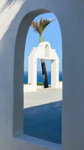 阿曼济姆托蒂Santorini Guesthouse的棕榈树和海洋的拱门